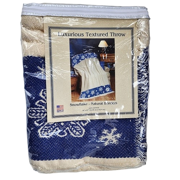 NWOT USA Cotton Blue Cream Cottagecore Snowflake Crochet Throw Coverlet Blanket - Picture 2 of 9
